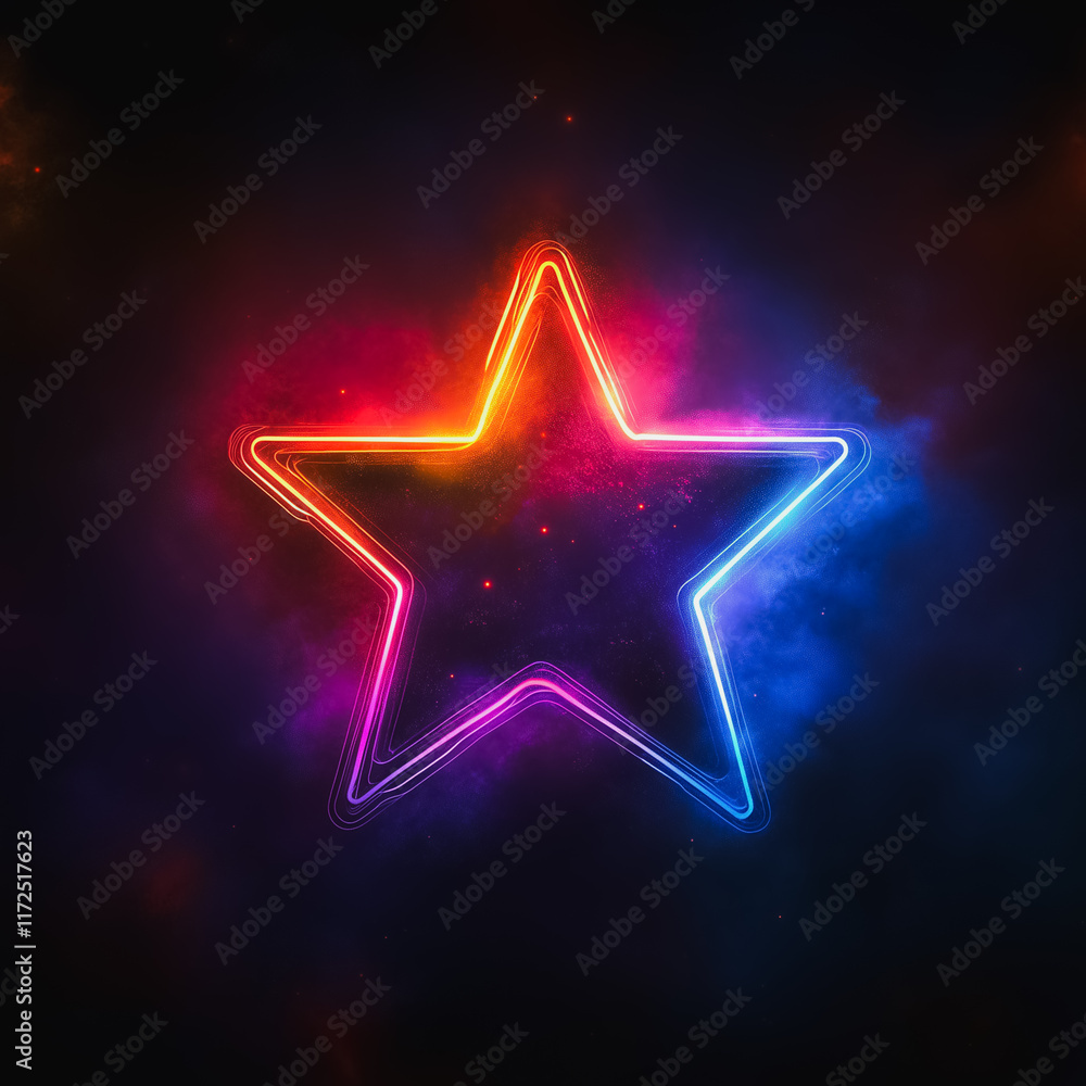 Poster neon starburst: a vibrant, multicolored star explodes with neon light against a dark background, cre