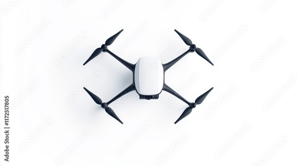 Poster aerial drone view showcasing a sleek, modern quadcopter design against a pristine white background, 