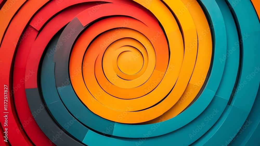 Poster bold multicolored shapes forming a mesmerizing spiral effect in abstract digital art design