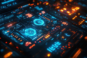 Obraz premium Futuristic computer circuit with glowing lights, creating intricate patterns in an advanced technology setting.