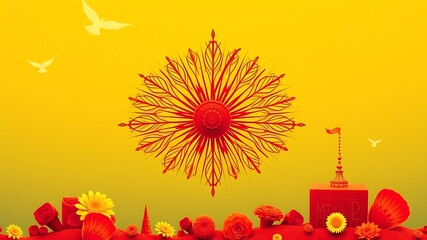 Obraz premium Vibrant red floral mandala with yellow background, birds, and symbolic structure, representing peace and celebration.