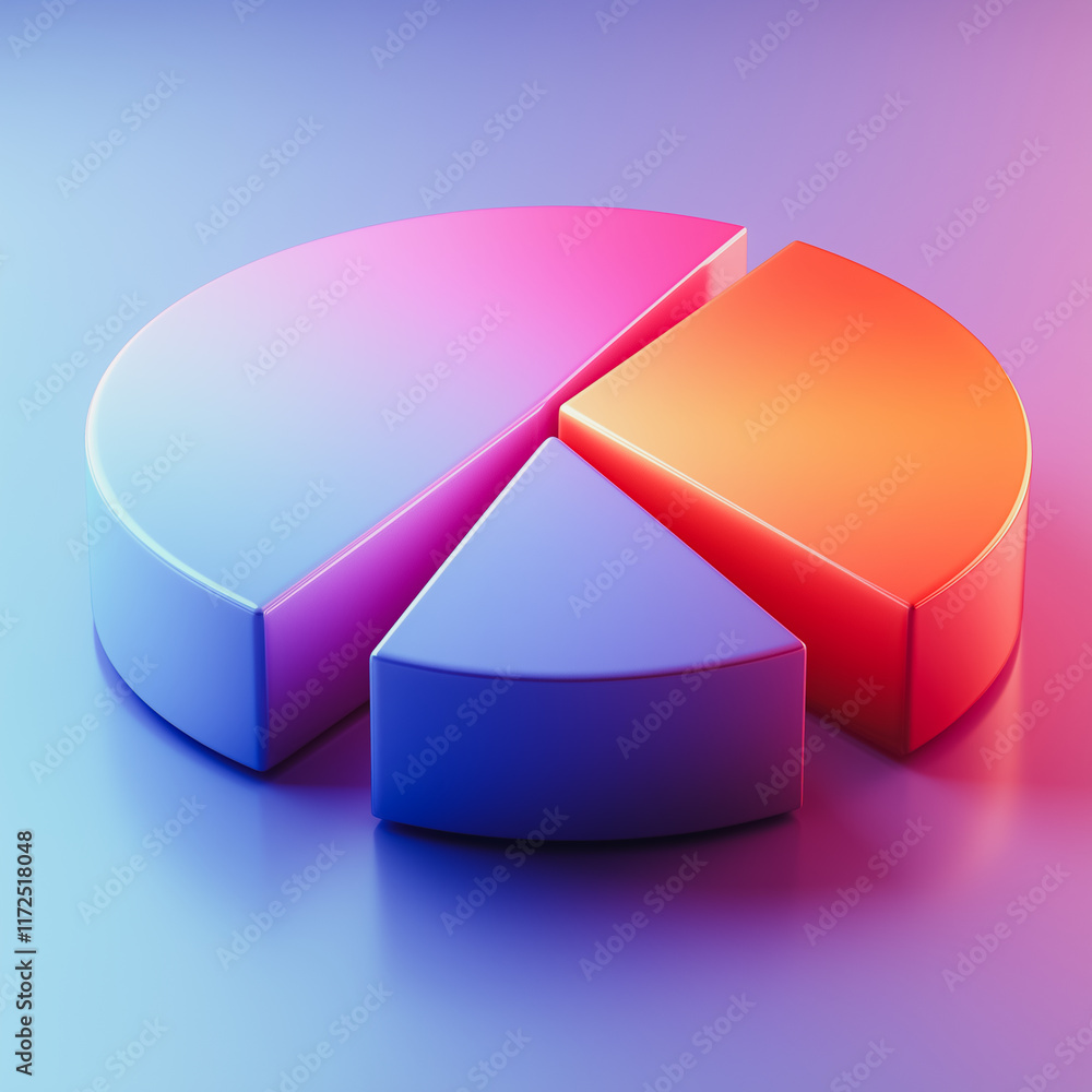 Poster data visualization: a three-dimensional pie chart segmented into three vibrant colors, illuminated b