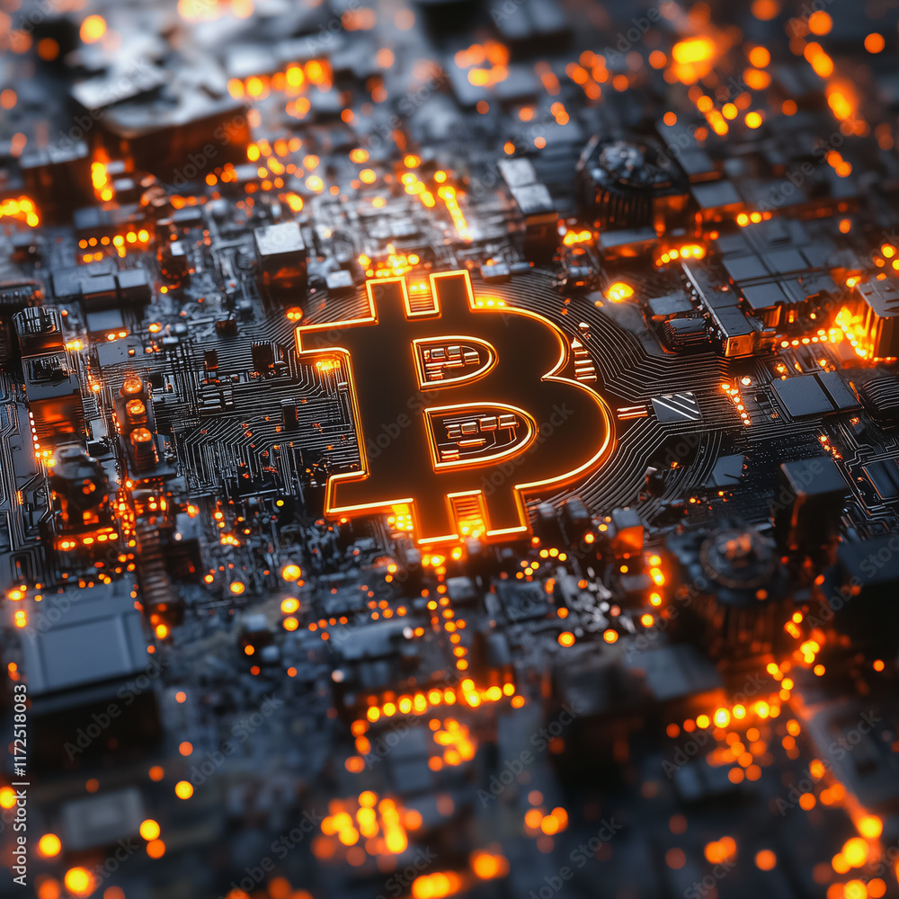 Poster bitcoin circuitry: glowing bitcoin symbol embedded in a complex circuit board, representing the digi