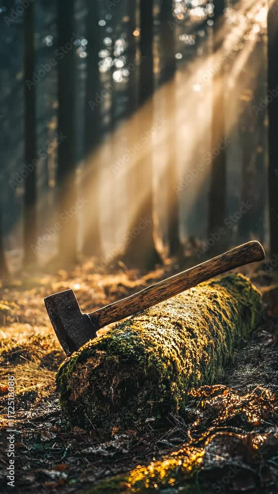 Poster sunlight filters through forest trees onto an axe resting on a moss-covered log in a serene woodland