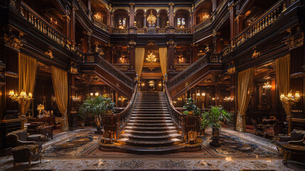 Obraz premium Grand staircase in opulent hotel lobby with ornate decor and chandeliers