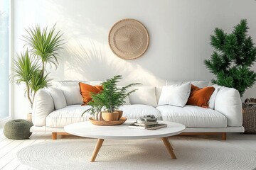 A 3D rendering of a panoramic living room with a white sofa and coffee table creates an inviting and modern interior setting in a stock photo