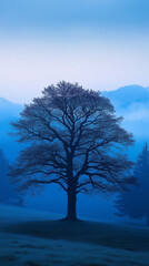 Blue Hour Tree: A Solitary Oak in a Misty Landscape