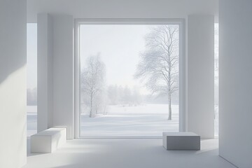 Modern Scandinavian Interior with Sofa and Snowy View