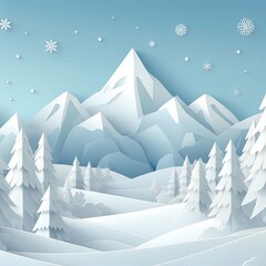 Paper craft style snowy forest with mountain in background during a sunny day