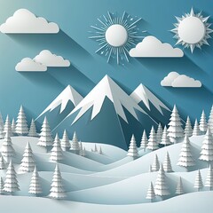 Paper craft style snowy forest with mountain in background during a sunny day