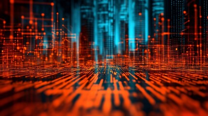 Futuristic Digital Landscape of Glowing Charts and Graphs Overlaying a Modern City Skyline