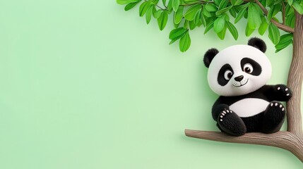 Fototapeta premium Cute Cartoon Panda Sitting on Tree Branch with Green Leaves