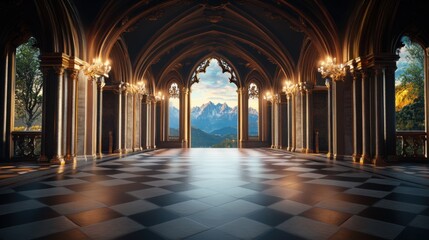 Fototapeta premium Majestic Gothic Hall with Chandelier Overlooking Serene Mountain Landscape at Dusk