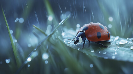 Obraz premium Close up of ladybug on dew covered leaf in rainy weather