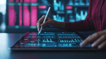 Hands Holding Stylus Working on Tablet with Futuristic Data Charts