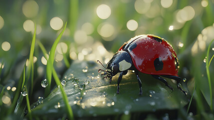 Obraz premium close up of red ladybug on rain covered leaf, showcasing nature beauty