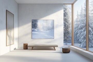 Winter View from Scandinavian Living Room with White Sofa