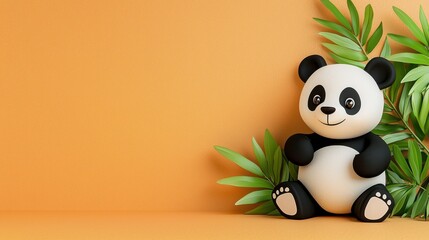 Naklejka premium Adorable Panda Toy Surrounded by Green Leaves on Orange Background