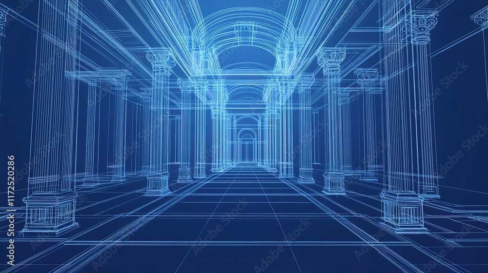 Poster 3d wireframe architecture perspective of classic columns and arches