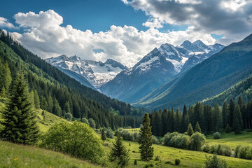 Fototapeta premium Majestic snow-capped mountains rise above a lush green valley.