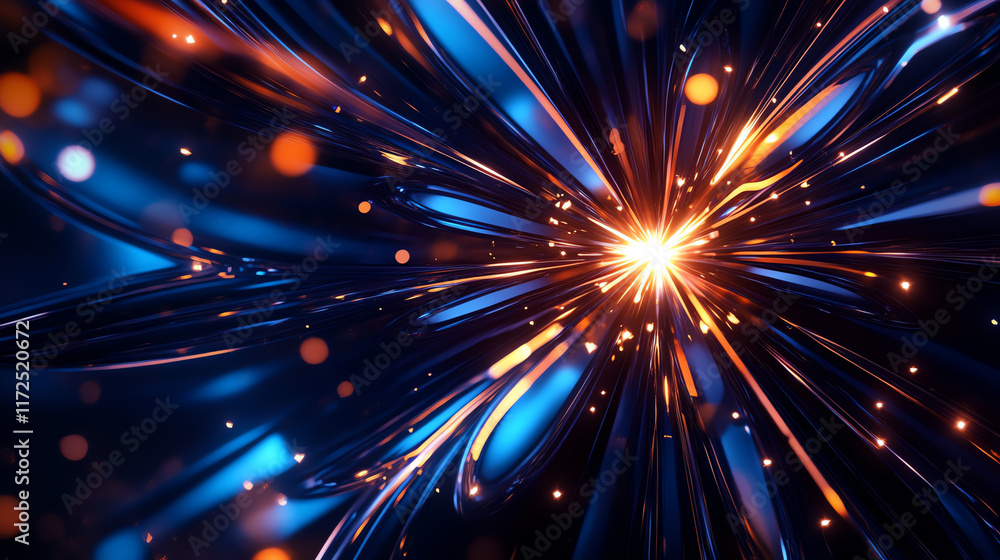 Poster a vibrant abstract design featuring luminous blue and orange rays radiating from a central point, cr