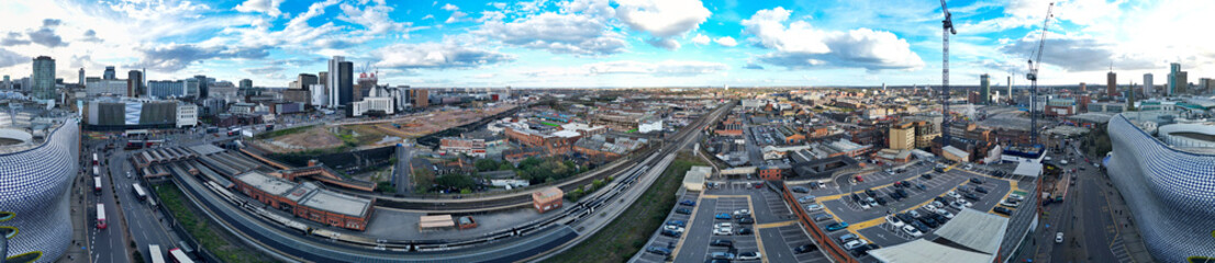 High Angle Ultra Wide Panoramic View of Buildings at Downtown Central Birmingham City of England United Kingdom During Sunset. Aerial View of Was Captured with Drone's Camera on March 30th, 2024