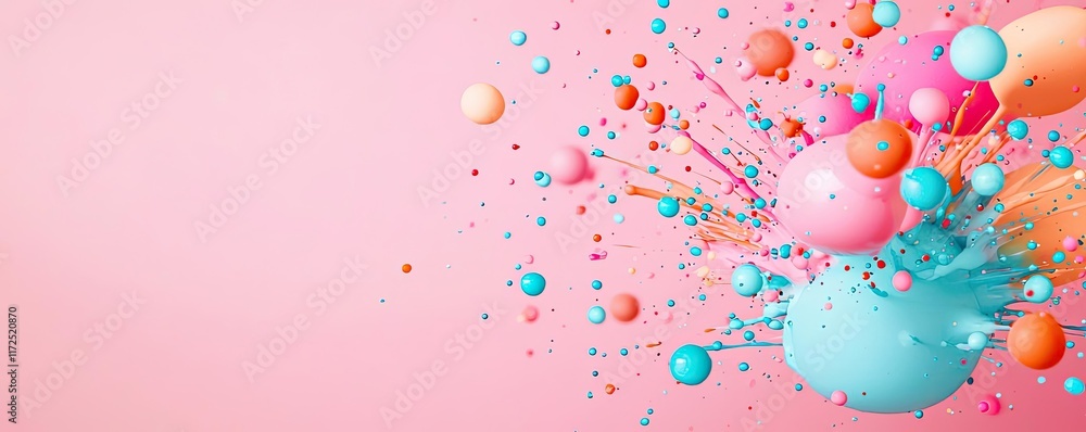 Poster splash abstract background idea. colorful paint splashes create a dynamic art piece on a soft pink b