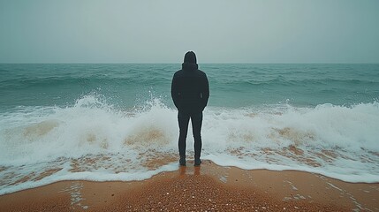 Man contemplates stormy ocean waves, coastal beach scene, solitude.