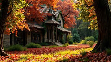 A charming stone house nestled in a vibrant autumn forest, surrounded by colorful foliage and tall trees, showcasing the beauty of fall.