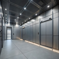 stock photo features a minimalist, industrial-style room with sleek, gray metal walls and floors, creating a modern and futuristic atmosphere jpeg