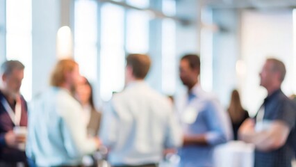 A blurred image of a group of people making professional connections.
