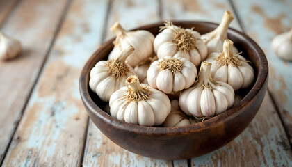 Fresh garlic bulbs displayed in a wooden bowl, creating a rustic and cozy atmosphere. Ideal for culinary themes, healthy cooking, and food photography