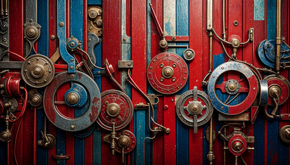 Red blue metallic gears form complex steampunk wall art.