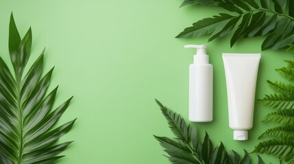 Minimalist arrangement of skincare products on a green background surrounded by fresh fern leaves, emphasizing natural beauty and eco-friendly aesthetics