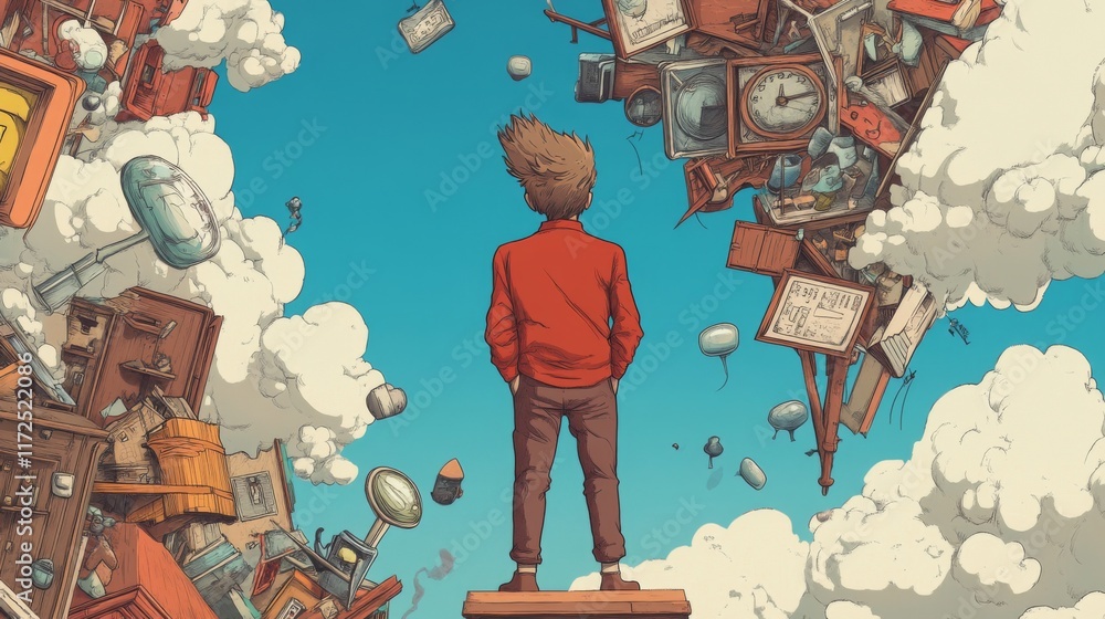 Poster man stands on platform, surrounded by floating objects and clouds.