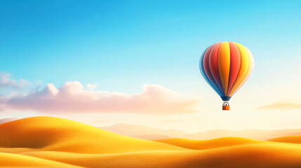 A vibrant hot air balloon soaring over golden sand dunes under a bright blue sky, evoking a sense of adventure and freedom.