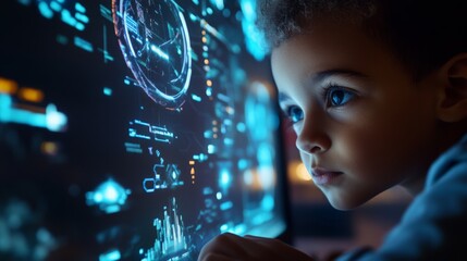 Young african child engrossed in futuristic digital display with holographic interface