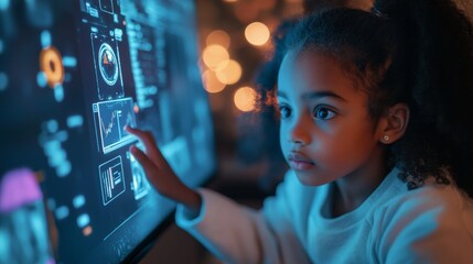 Young african child engaging with interactive digital screen in a high-tech environment
