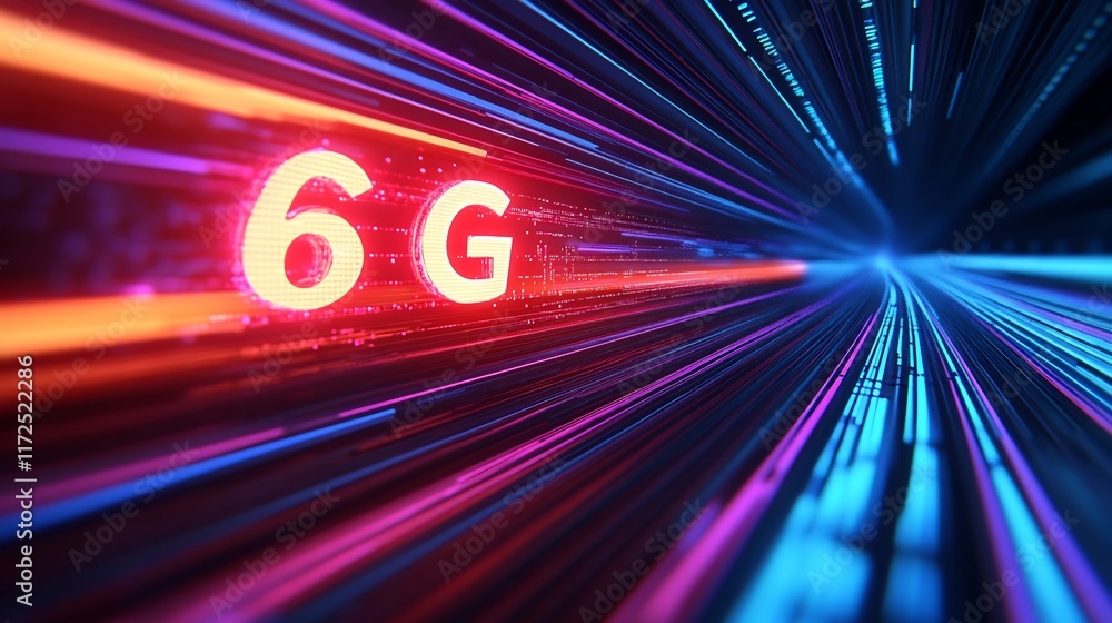 Poster glowing 3d 6g text representing next-gen technology and data connectivity