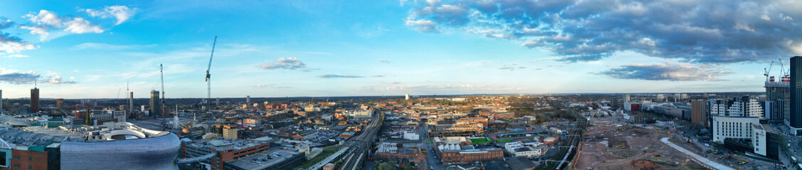 High Angle Ultra Wide Panoramic View of Buildings at Downtown Central Birmingham City of England United Kingdom During Sunset. Aerial View of Was Captured with Drone's Camera on March 30th, 2024