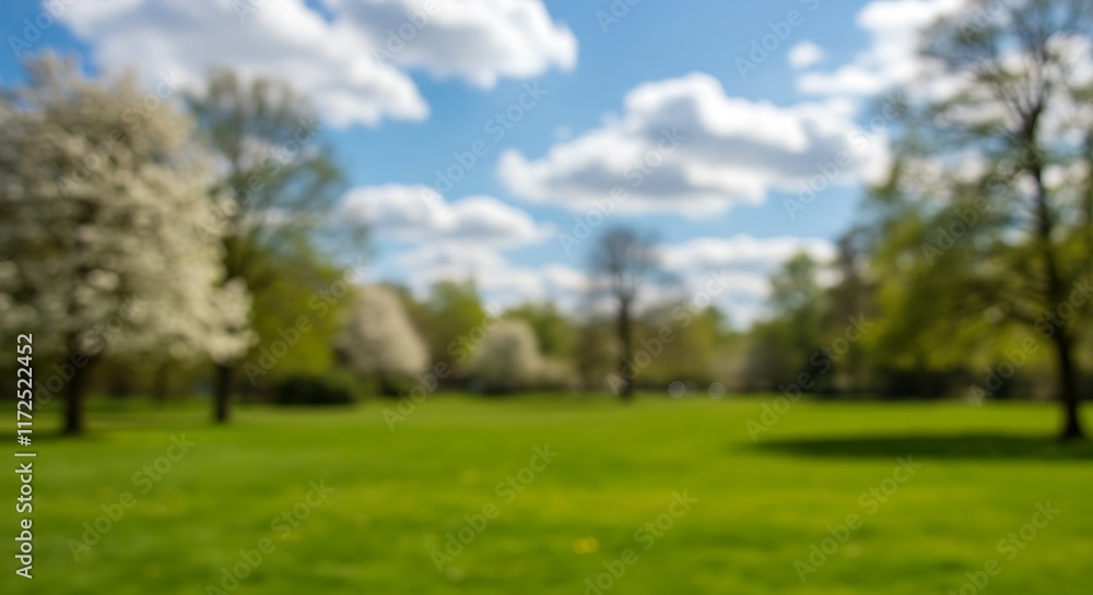 Poster beautiful blurred background image of spring nature with a neatly trimmed lawn surrounded by trees a
