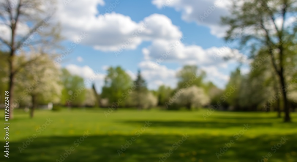 Poster beautiful blurred background image of spring nature with a neatly trimmed lawn surrounded by trees a