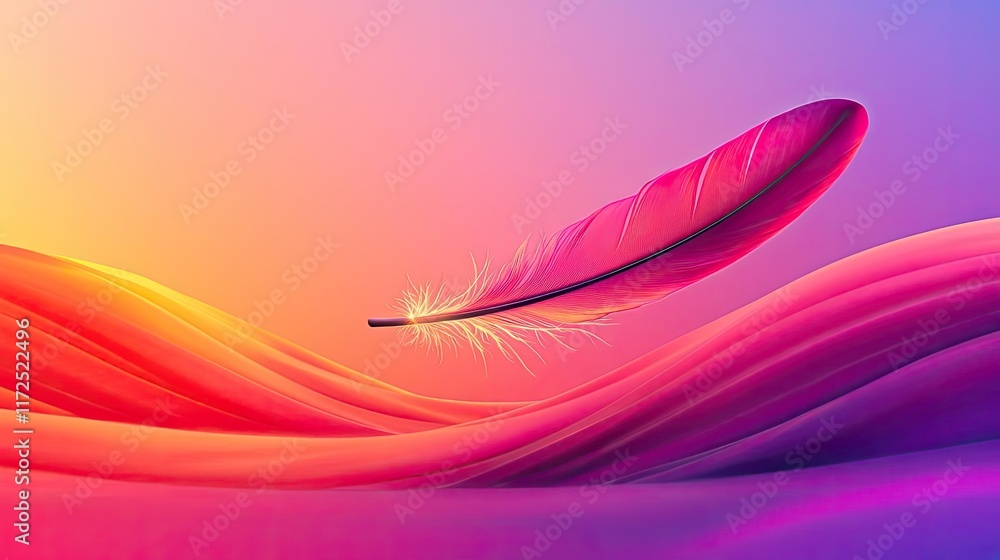 Poster feather abstract background idea. a vibrant feather floats above colorful waves, creating a dreamy, 