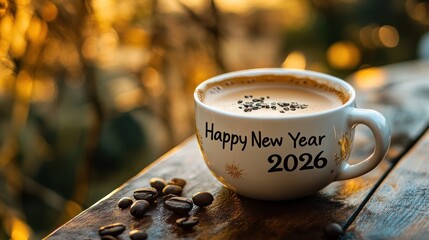 A cozy cup of coffee wishing a Happy New Year 2026.