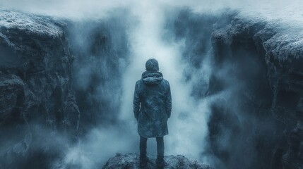 Obraz premium Man contemplating misty Icelandic gorge.