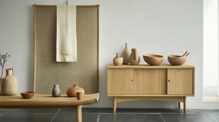 Minimalist room with wooden furniture, woven screen, and pottery.