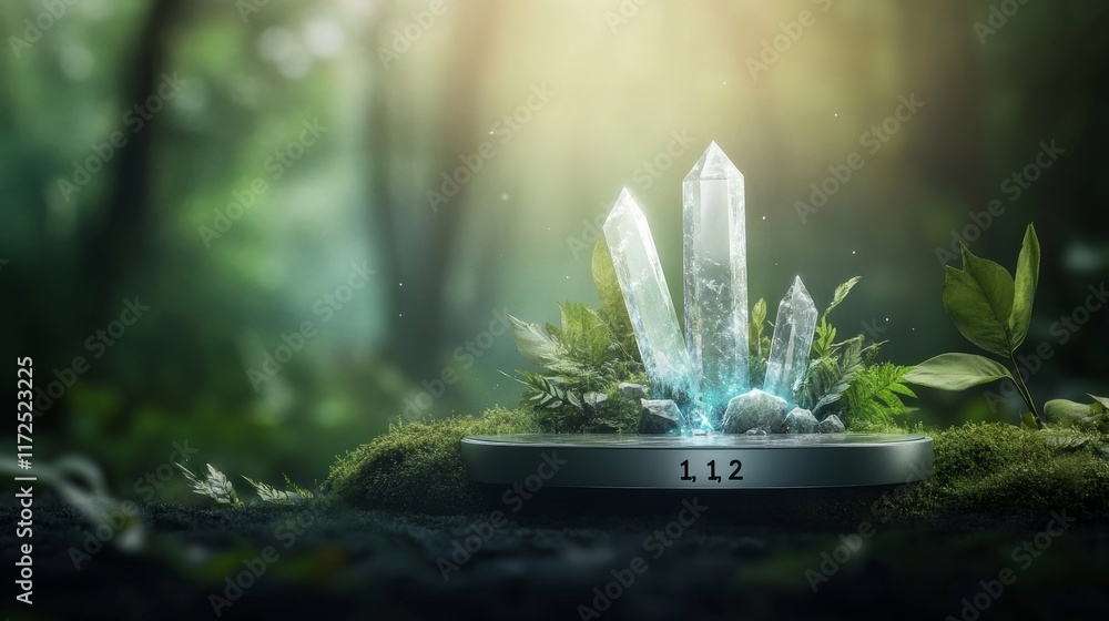 Poster enchanting crystals surrounded by lush greenery with soft light filtering through trees in a magical