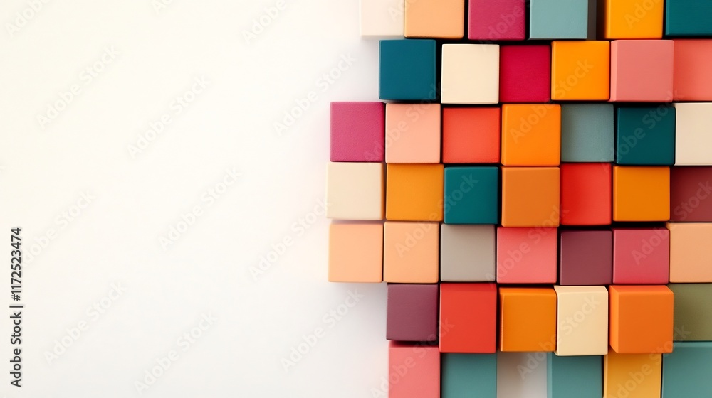 Poster colorful 3d geometric cubes arranged in a structured pattern on a neutral background