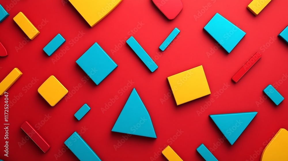Poster bright geometric shapes arranged dynamically on clean surface