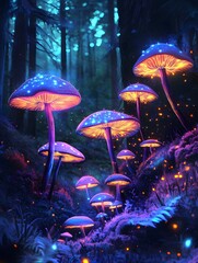 Naklejka premium giant mushrooms glow with bioluminescent colors on the dark forest floor